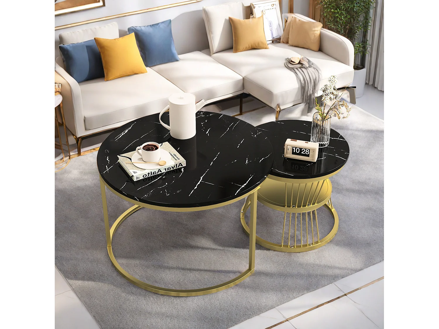 Tables basses gigognes - structure en métal Doré - Table d'appoint Ronde - Table de salon Moderne, Tables de salon pour salon,Balcon, Chambre à Coucher