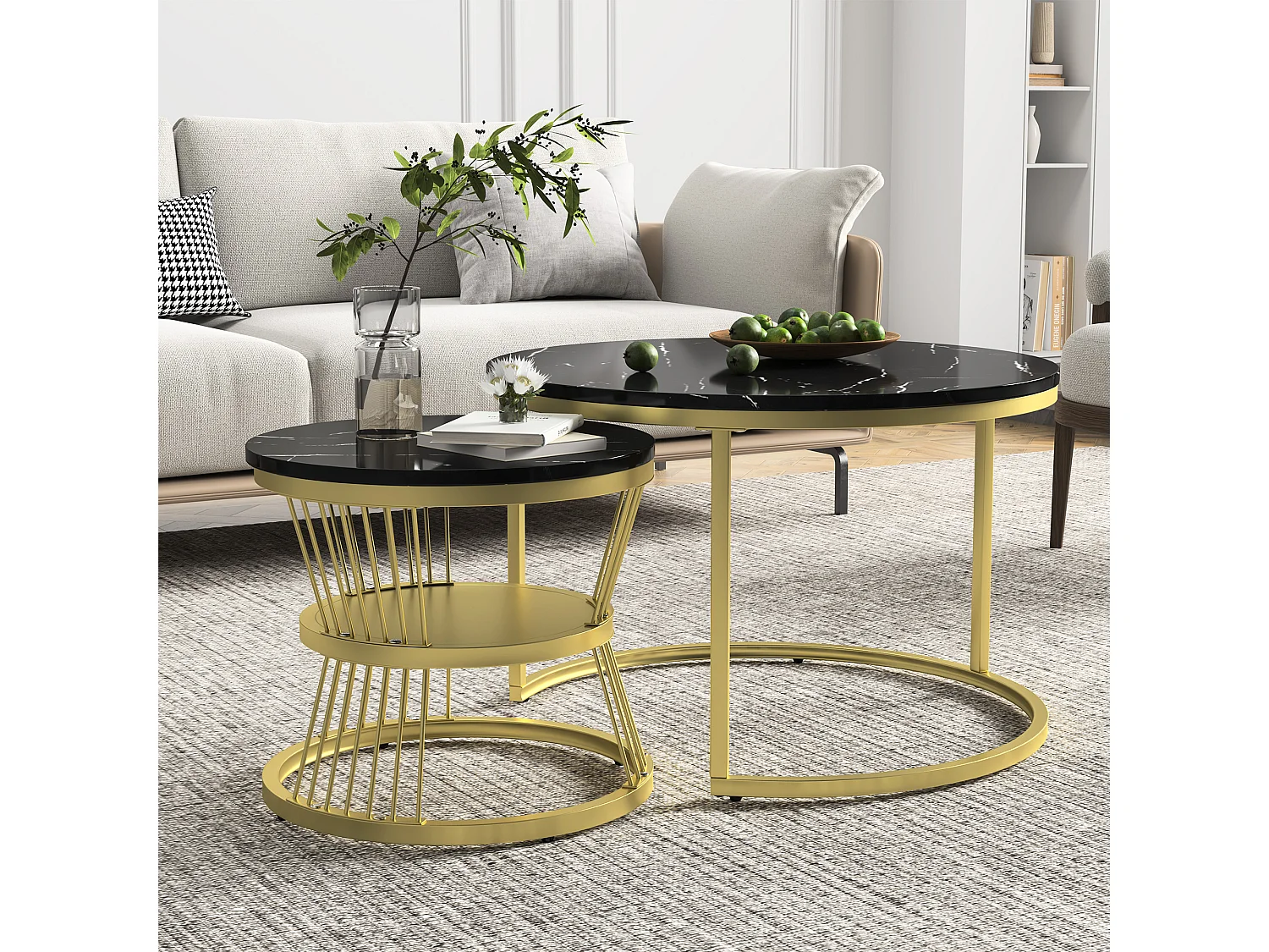 Tables basses gigognes - structure en métal Doré - Table d'appoint Ronde - Table de salon Moderne, Tables de salon pour salon,Balcon, Chambre à Coucher