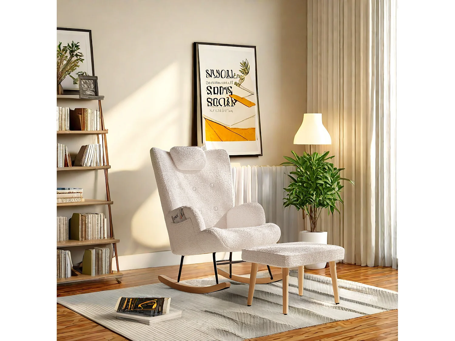 Chaise à bascule avec repose-pied,fauteuil de relaxation,avec poches,Blanc