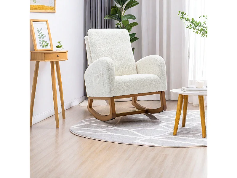Fauteuil à bascule, fauteuil de relaxation, fauteuil de salon, d'accoudoirs, avec poches, velours Teddy, Blanc