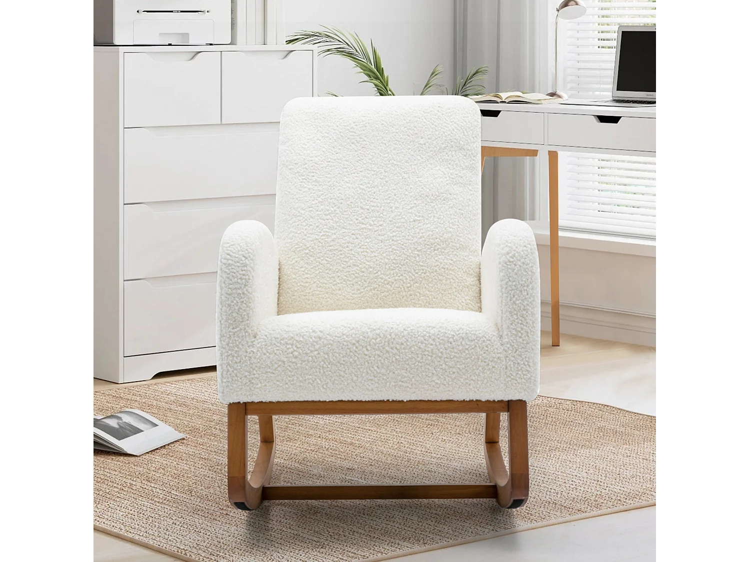 Fauteuil à bascule, fauteuil de relaxation, fauteuil de salon, d'accoudoirs, avec poches, velours Teddy, Blanc