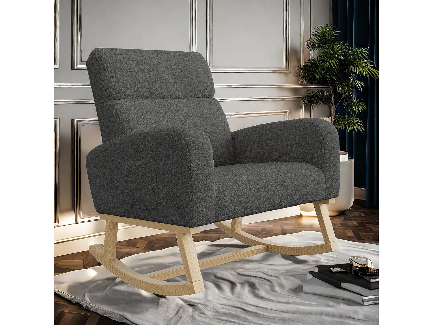 Fauteuil à bascule, fauteuil de relaxation, fauteuil de salon, d'accoudoirs,  laine d'agneau,  avec poches, Gris