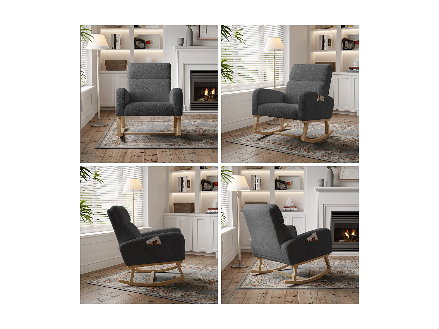 Fauteuil à bascule, fauteuil de relaxation, fauteuil de salon, d'accoudoirs,  laine d'agneau,  avec poches, Gris