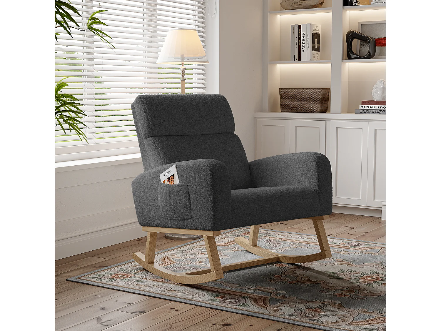 Fauteuil à bascule, fauteuil de relaxation, fauteuil de salon, d'accoudoirs,  laine d'agneau,  avec poches, Gris