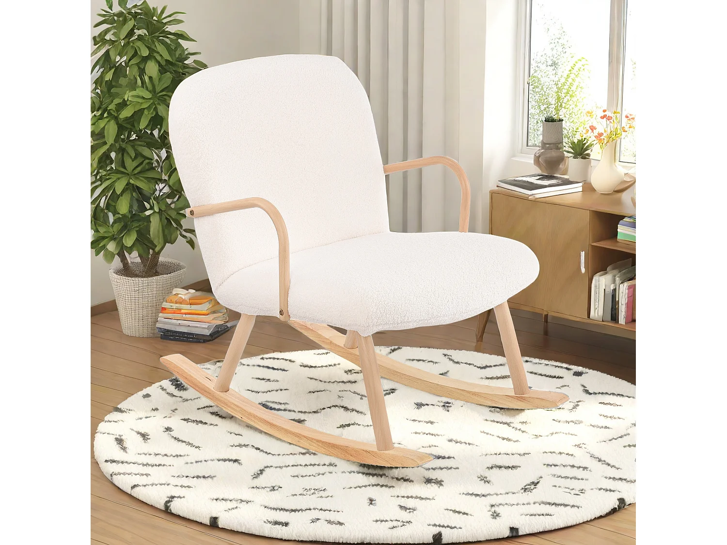 Fauteuil à bascule, fauteuil de relaxation, fauteuil de salon, d'accoudoirs,  laine d'agneau, Beige