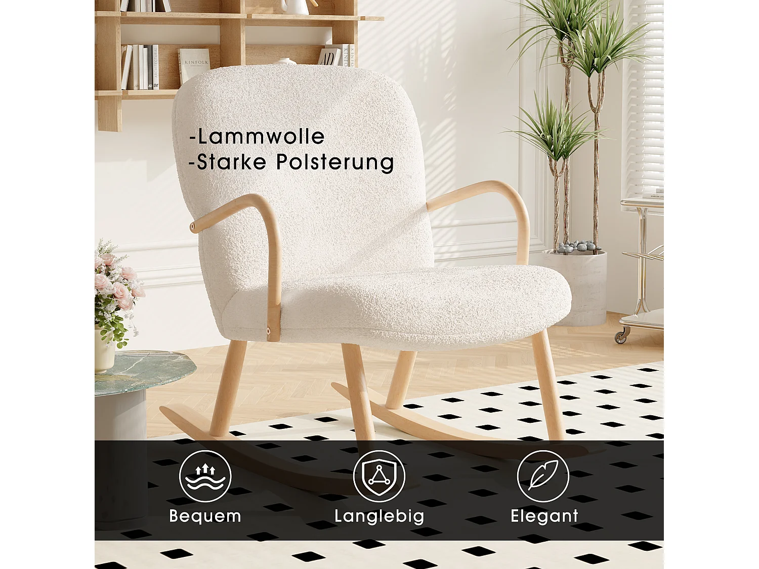 Fauteuil à bascule, fauteuil de relaxation, fauteuil de salon, d'accoudoirs,  laine d'agneau, Beige