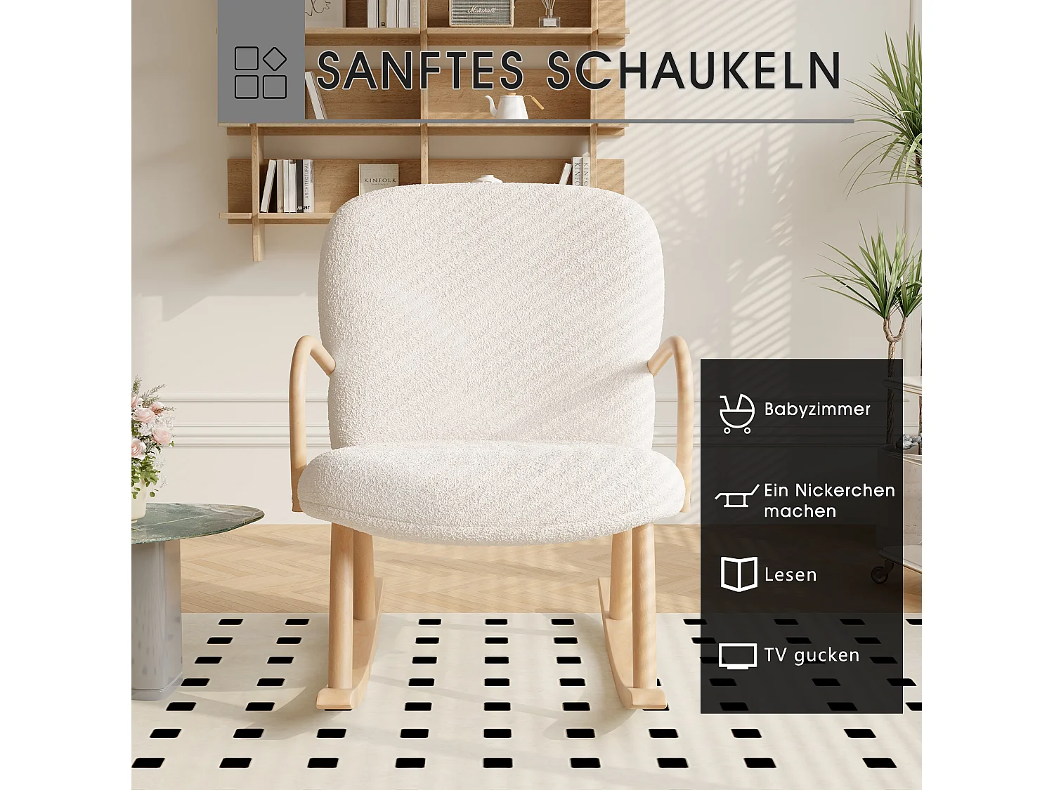 Fauteuil à bascule, fauteuil de relaxation, fauteuil de salon, d'accoudoirs,  laine d'agneau, Beige