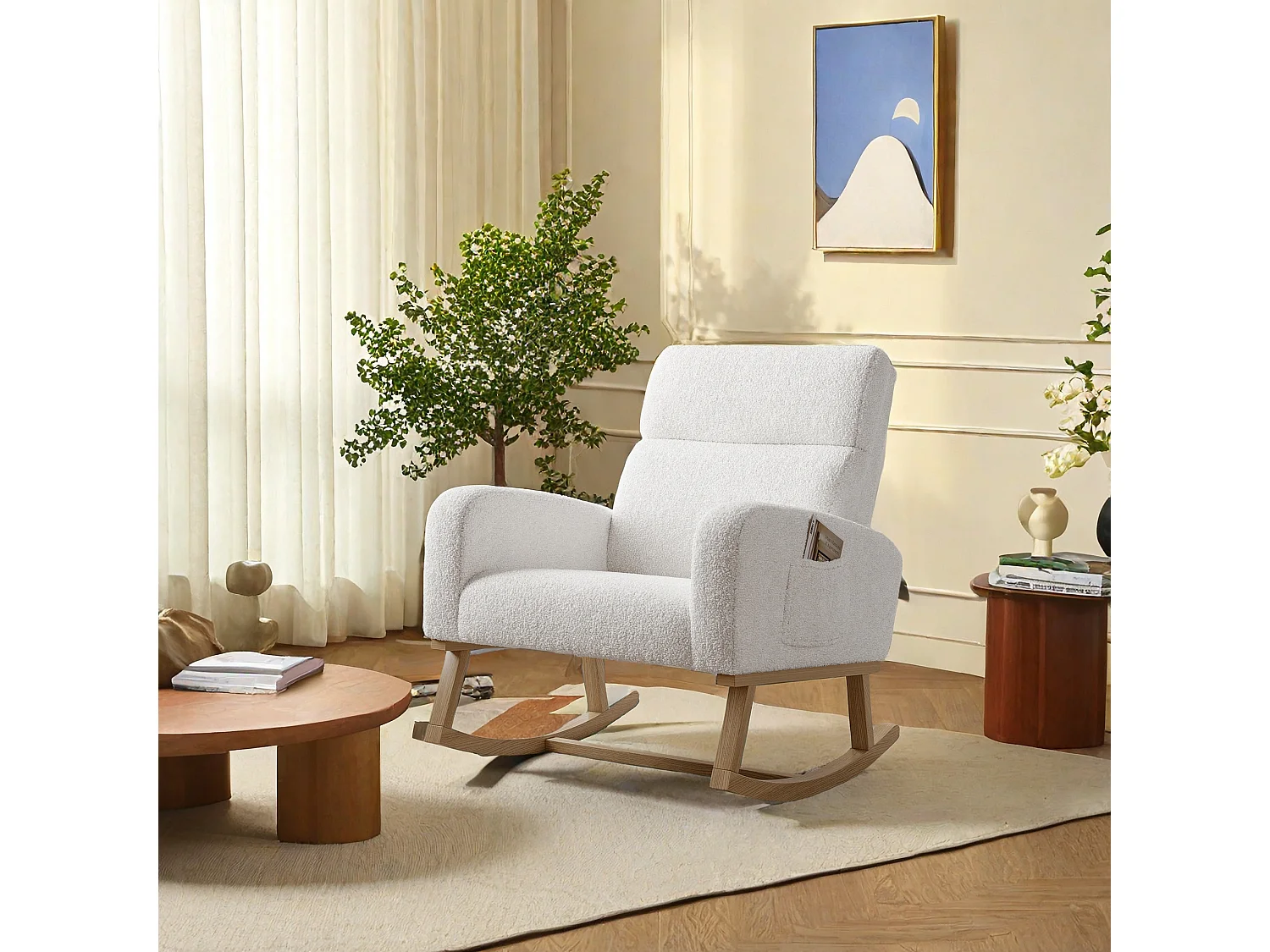 Fauteuil à bascule, fauteuil de relaxation, fauteuil de salon, d'accoudoirs, avec poches, Blanc