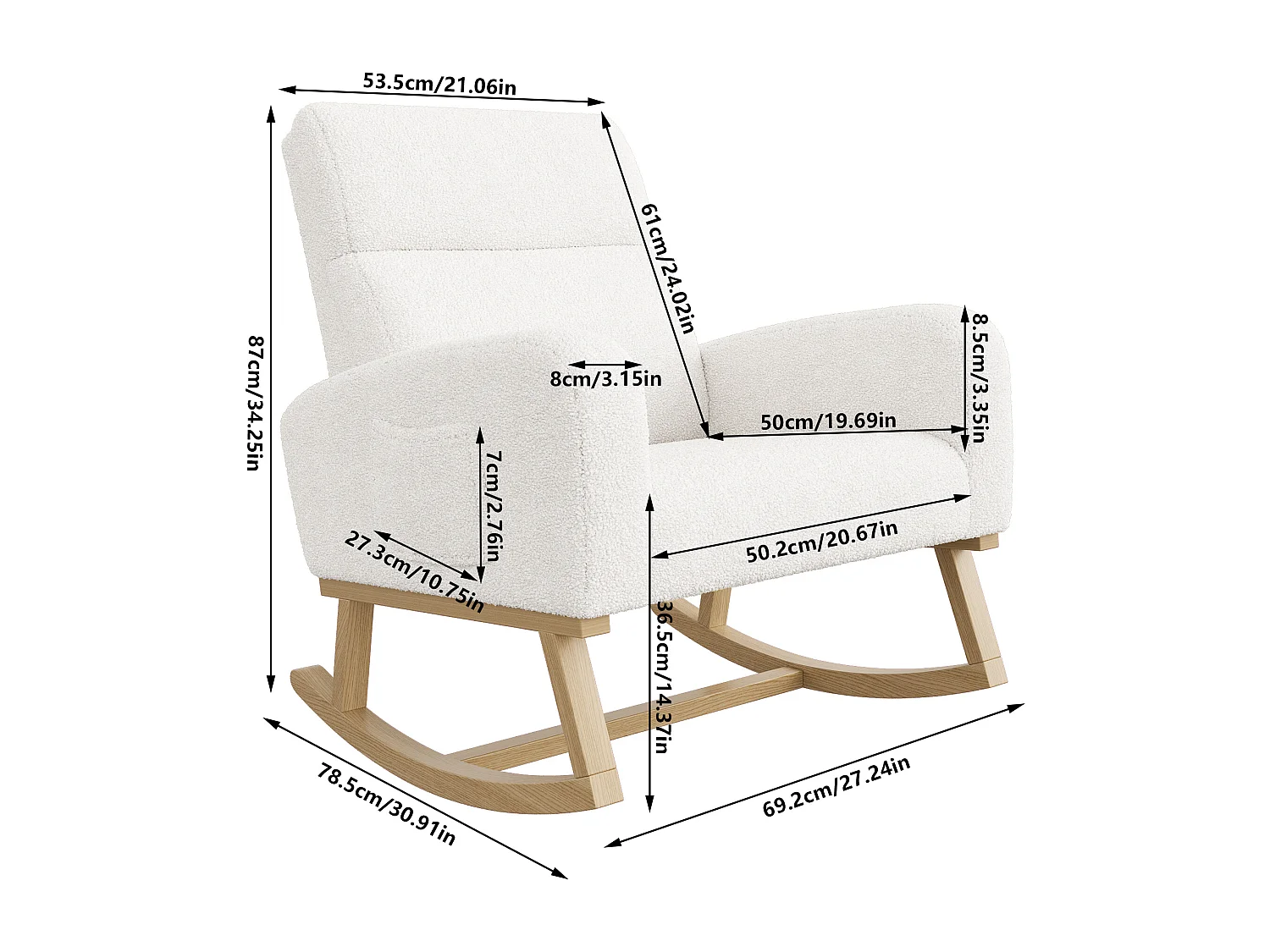 Fauteuil à bascule, fauteuil de relaxation, fauteuil de salon, d'accoudoirs, avec poches, Blanc