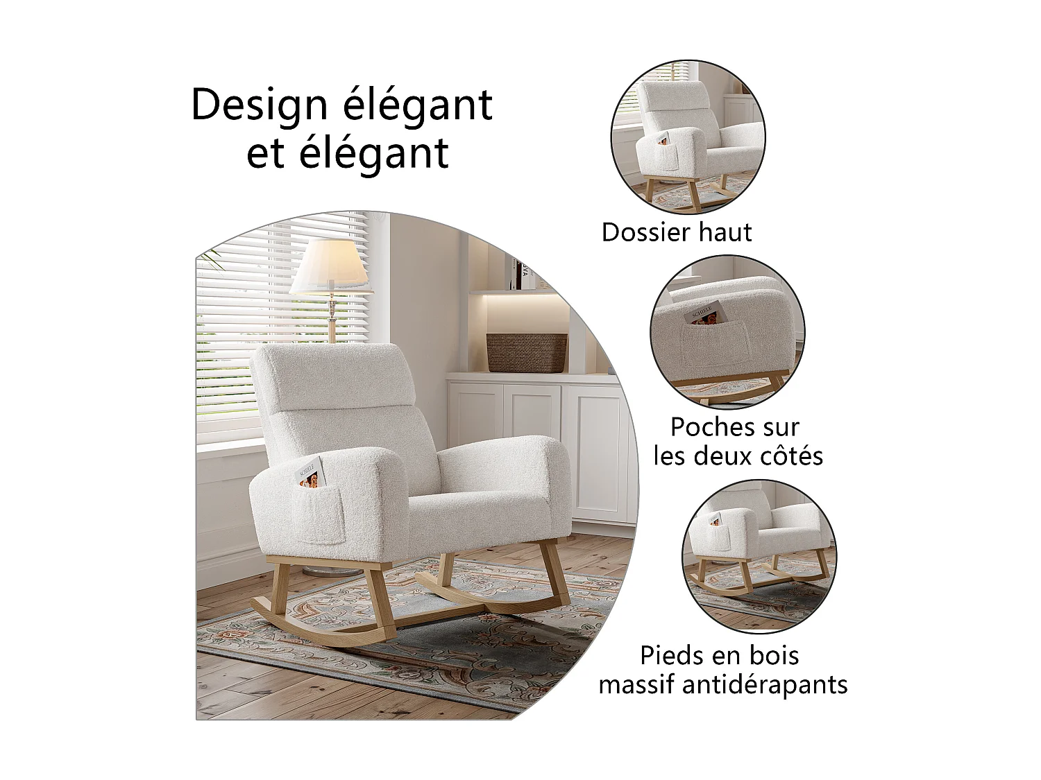 Fauteuil à bascule, fauteuil de relaxation, fauteuil de salon, d'accoudoirs, avec poches, Blanc