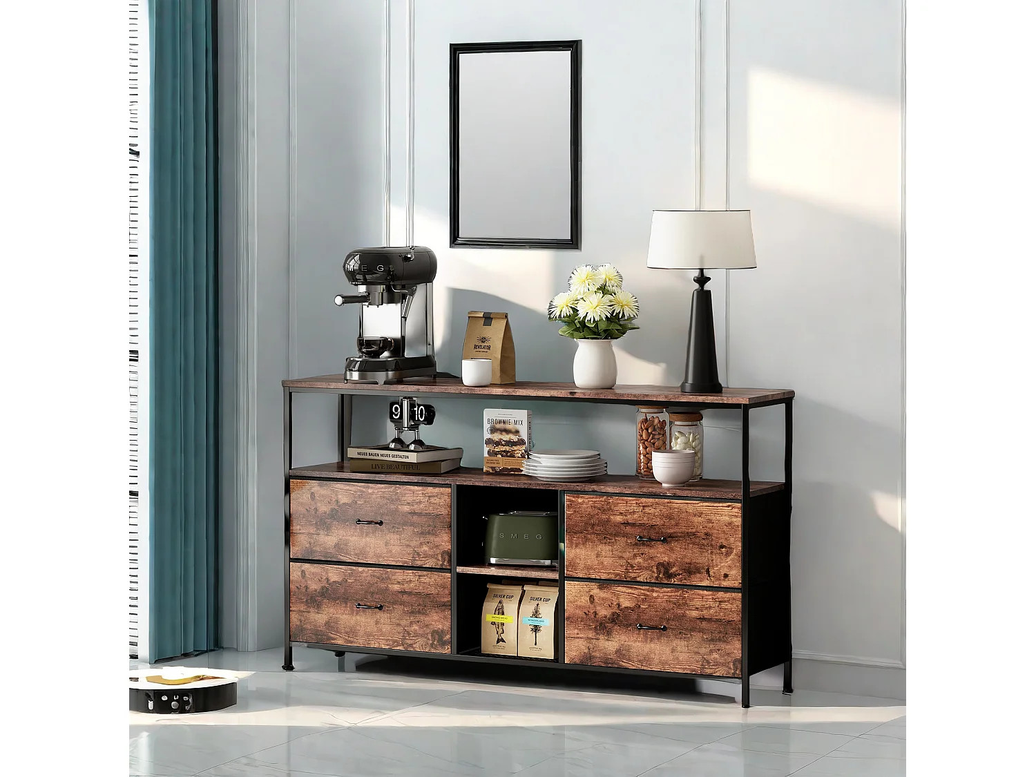 Meuble TV, Meuble TV avec 4 tiroirs, salle de divertissement, salon, chambre à coucher,  Marron