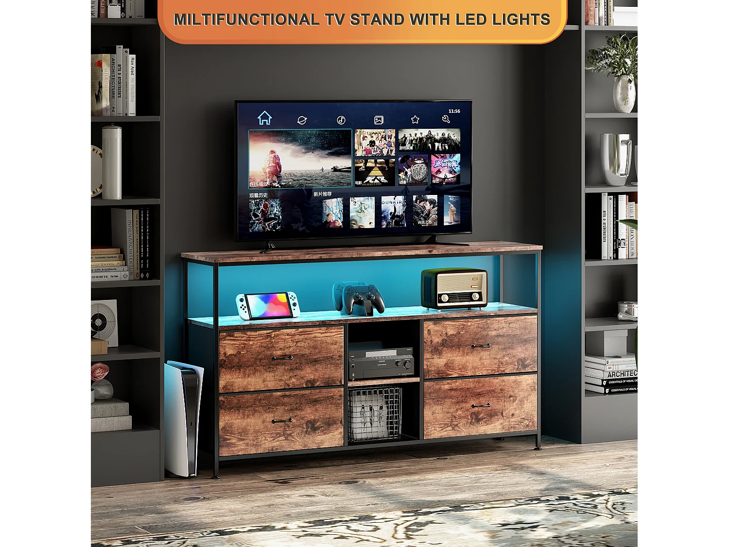 Meuble TV, Meuble TV avec 4 tiroirs, salon, salle de divertissement,chambre à coucher,  Marron