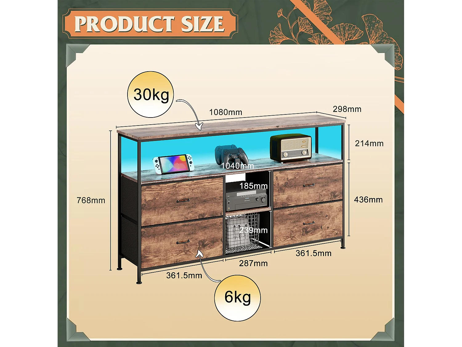 Meuble TV, structure en métal, meuble TV rétro, 4 tiroirs en tissu marron, support TV avec éclairage LED, table d'appoint pour salon, 108 x 30 x 78 cm