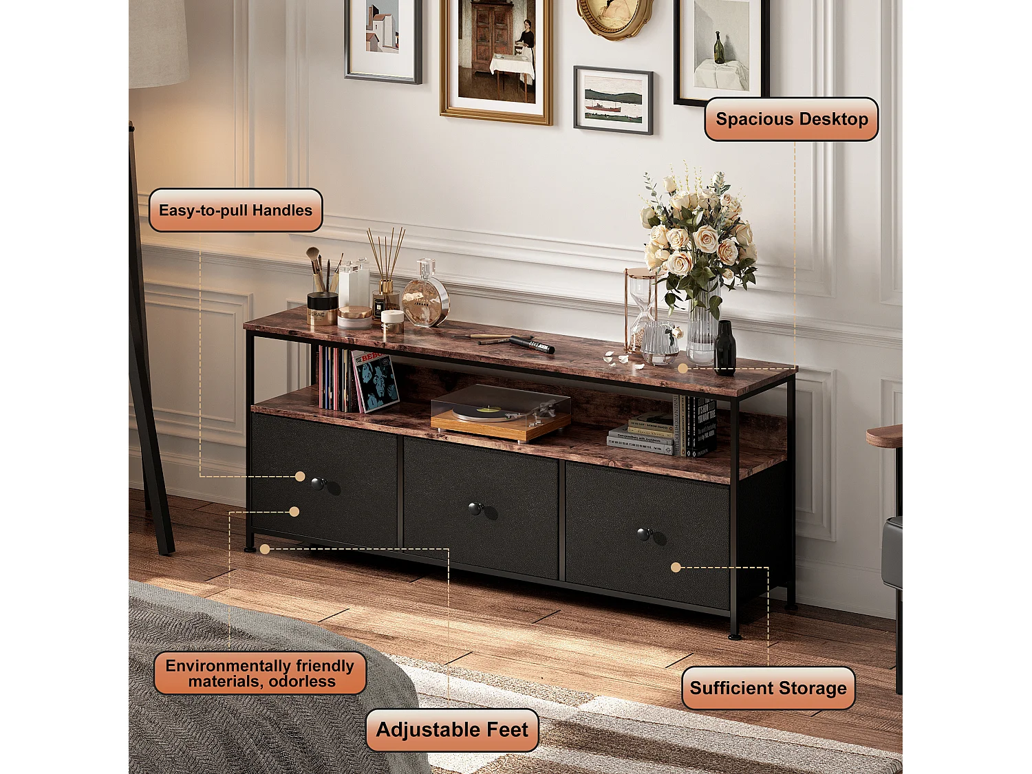 Meuble TV, Meuble TV avec 3 tiroirs, salon, salle de divertissement,chambre à coucher,  noir