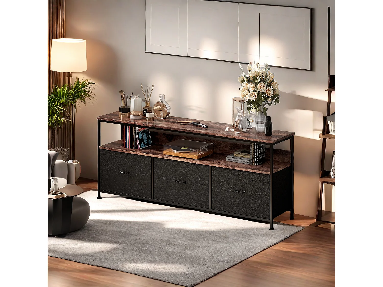 Meuble TV, Meuble TV avec 3 tiroirs, salon, salle de divertissement,chambre à coucher,  noir