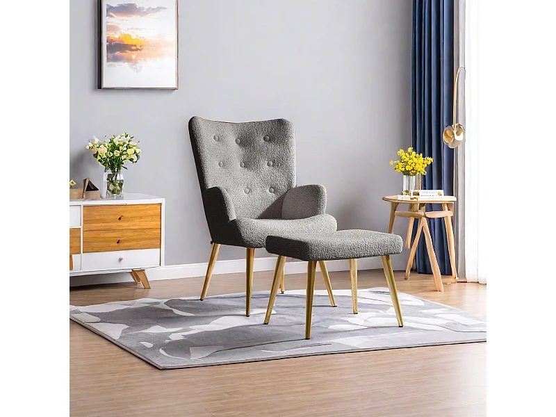 Fauteuil de relaxation avec repose-pied, fauteuil de salon, d'accoudoirs,  laine d'agneau,  Gris