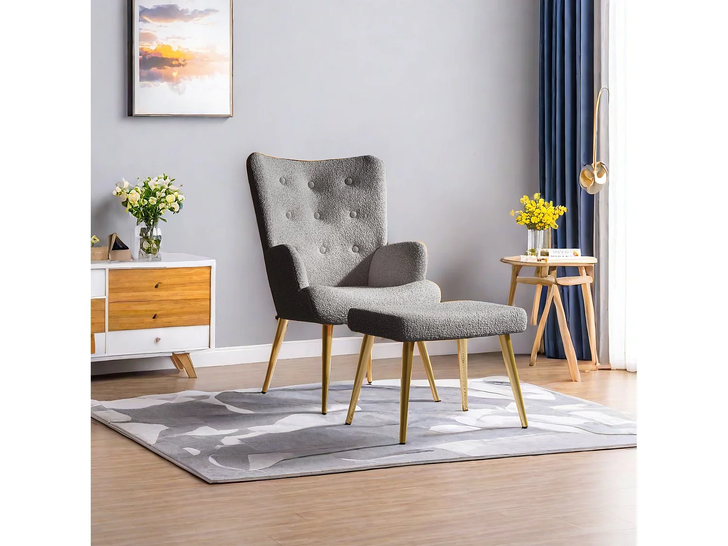 Fauteuil de relaxation avec repose-pied, fauteuil de salon, d'accoudoirs,  laine d'agneau,  Gris