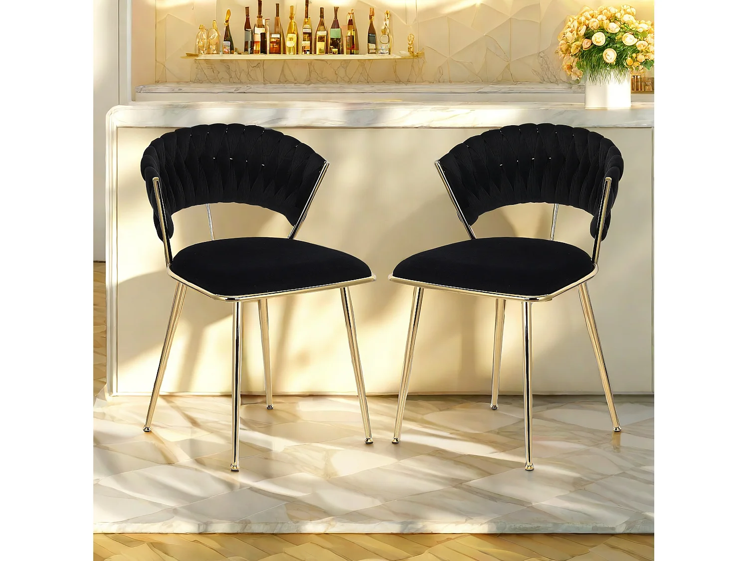 Chaise de salle à manger 2 pièces, chaise de loisirs, chaise rembourrée, chaise à dossier, salon, chambre, pieds de chaise dorés, velours, noir