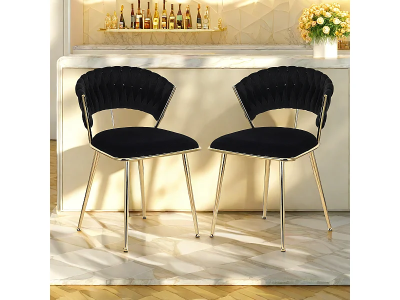 Chaise de salle à manger 2 pièces, chaise de loisirs, chaise rembourrée, chaise à dossier, salon, chambre, pieds de chaise dorés, velours, noir
