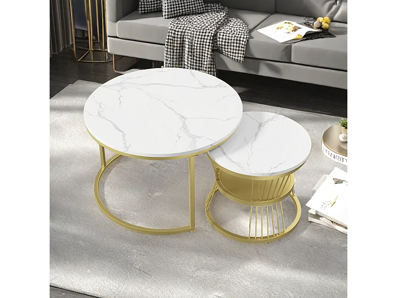 Tables basses gigognes - structure en métal Doré - Table d'appoint Ronde - Table de salon Moderne, Tables de salon pour salon, Chambre à Coucher, Balcon