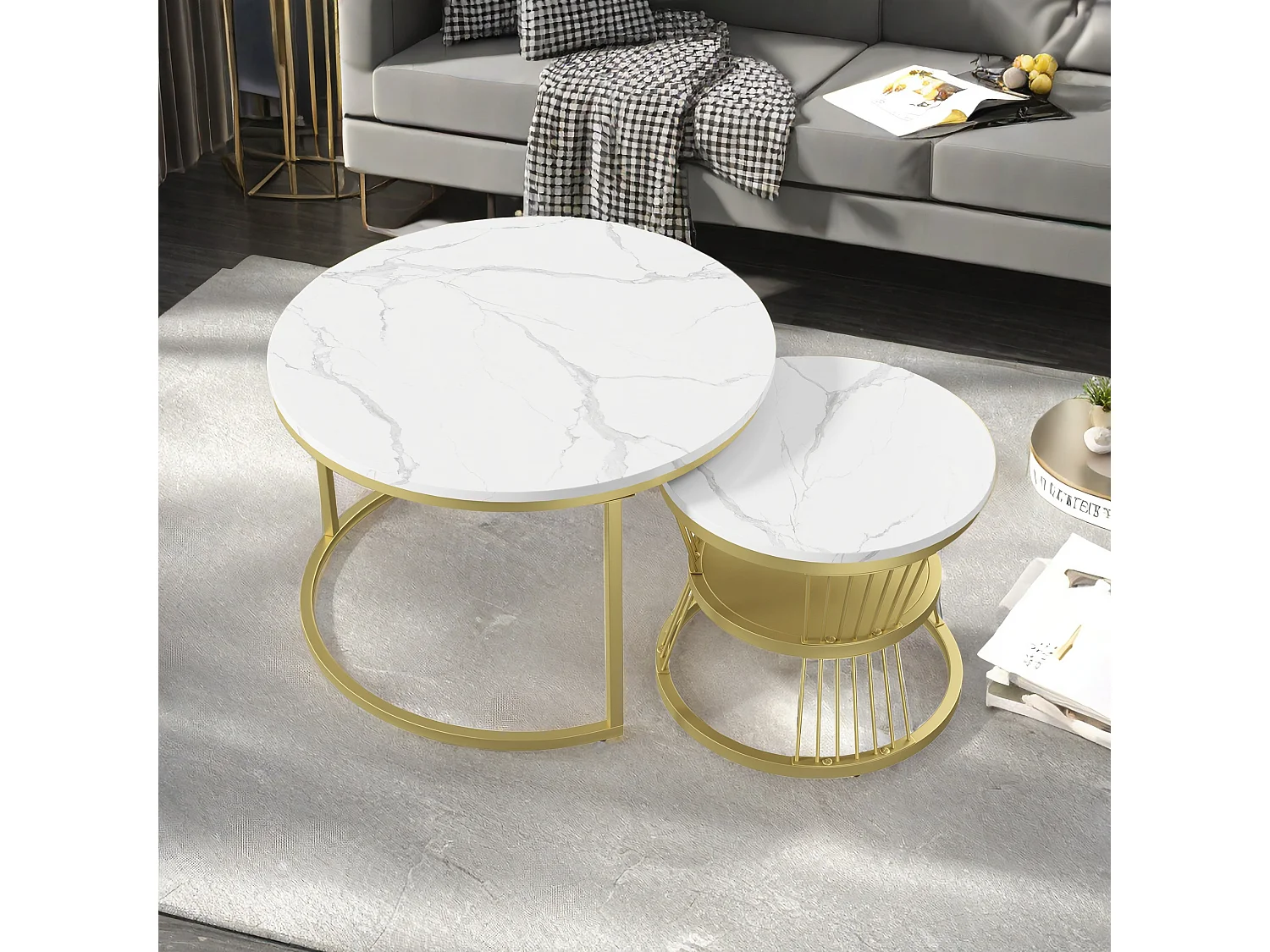 Tables basses gigognes - structure en métal Doré - Table d'appoint Ronde - Table de salon Moderne, Tables de salon pour salon, Chambre à Coucher, Balcon