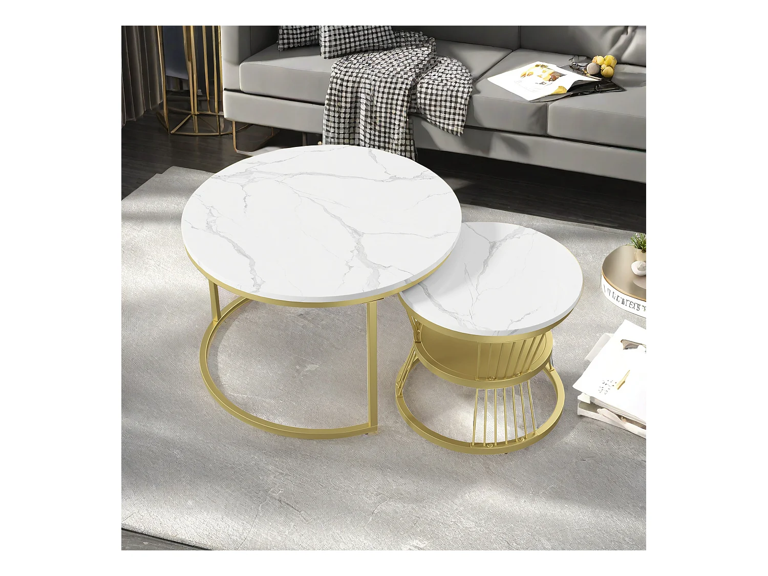 Tables basses gigognes - structure en métal Doré - Table d'appoint Ronde - Table de salon Moderne, Tables de salon pour salon, Chambre à Coucher, Balcon