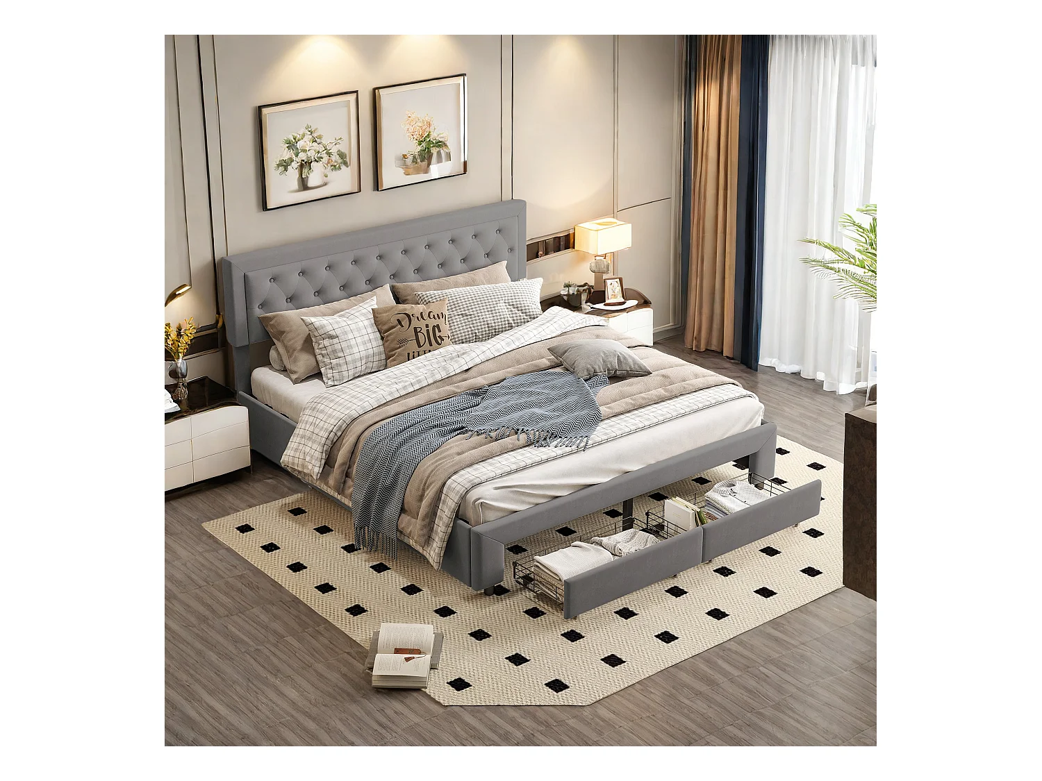 Lit Double Rembourré Lit 180x200cm, Cadre de Lit, Lit Coffre ,Lit Double avec 2 Tiroirs, avec Rangement sous Lit, Velours, Gris(sans Matelas)