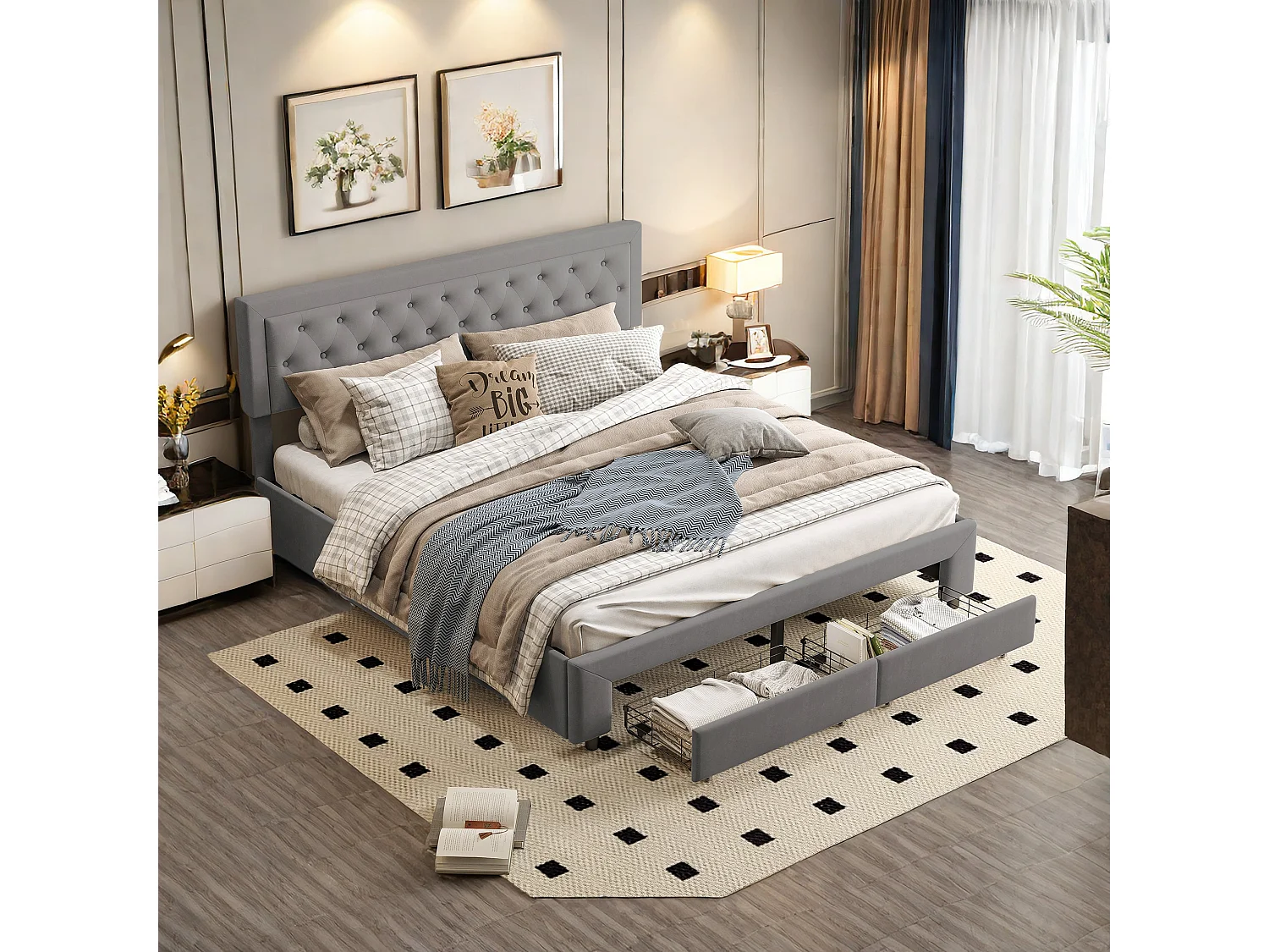 Lit Double Rembourré Lit 180x200cm, Cadre de Lit, Lit Coffre ,Lit Double avec 2 Tiroirs, avec Rangement sous Lit, Velours, Gris(sans Matelas)