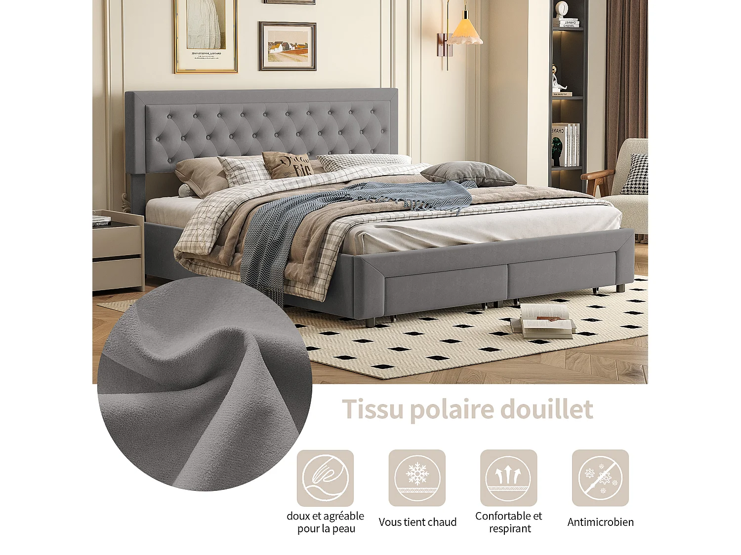 Lit Double Rembourré Lit 180x200cm, Cadre de Lit, Lit Coffre ,Lit Double avec 2 Tiroirs, avec Rangement sous Lit, Velours, Gris(sans Matelas)