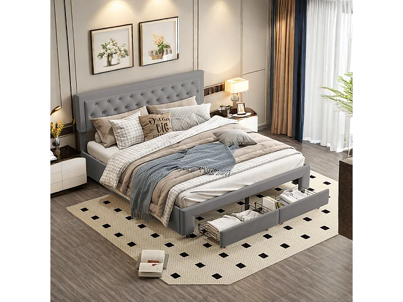 Lit Double Rembourré Lit 180x200cm, Cadre de Lit, Lit Coffre ,Lit Double avec 2 Tiroirs, avec Rangement sous Lit, Velours, Gris(sans Matelas)