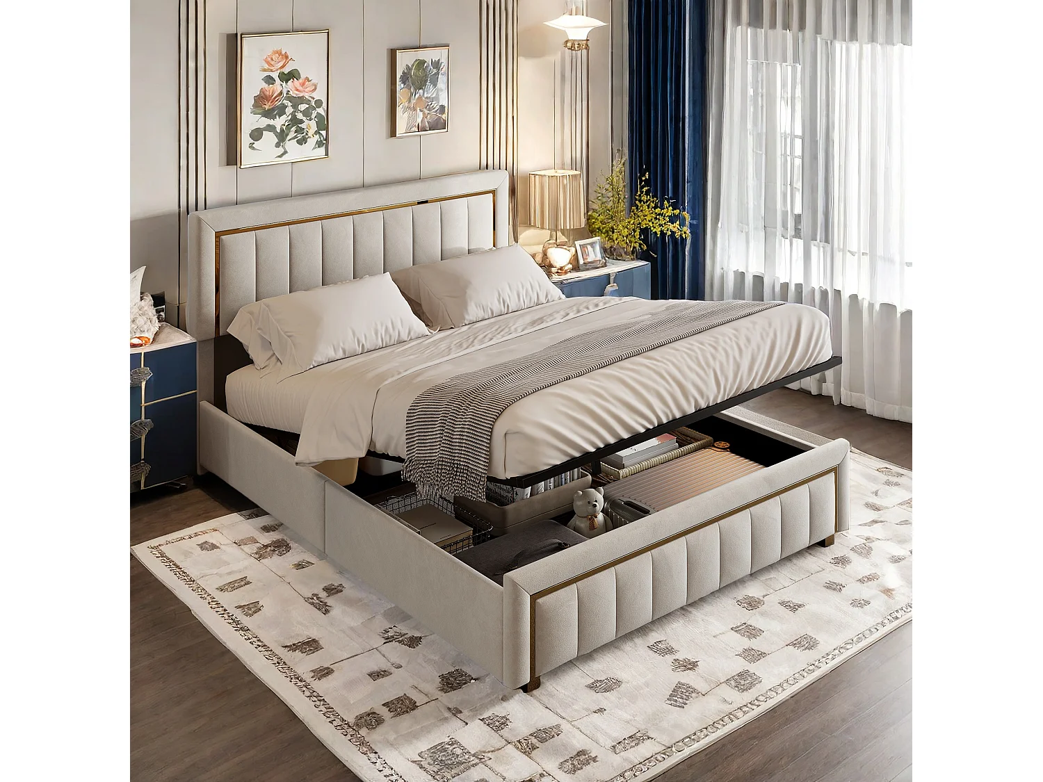 Lit Double Rembourré Lit 160x200cm, Cadre de Lit, Lit Coffre ,avec Rangement sous Lit,Velours, Beige(sans Matelas)