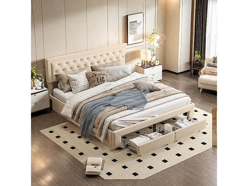 Lit Double Rembourré Lit 180x200cm, Cadre de Lit, Lit Coffre ,Lit Double avec 2 Tiroirs, avec Rangement sous Lit, Velours, Beige(sans Matelas)