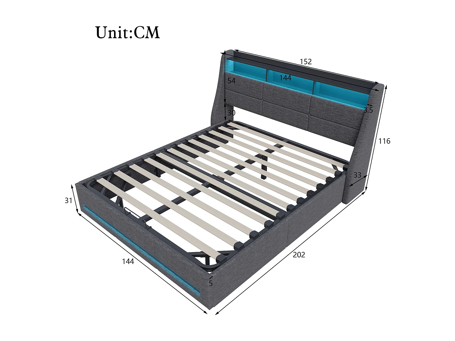 Lit Double Rembourré, Lit 140x200cm, Cadre de Lit, Lit Coffre ,Lit Double avec LED, avec Rangement sous Lit,Lin, Gris(sans Matelas)