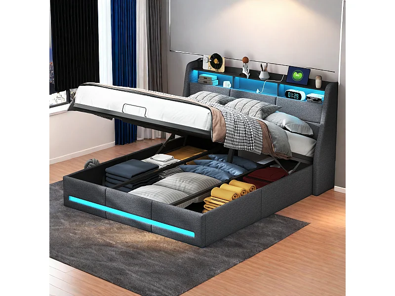 Lit Double Rembourré, Lit 140x200cm, Cadre de Lit, Lit Coffre ,Lit Double avec LED, avec Rangement sous Lit,Lin, Gris(sans Matelas)