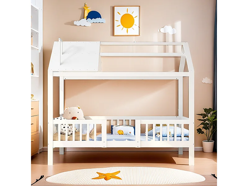 Lit cabane，Lit cabane avec protection contre les chutes, 90x200 cm Lit en bois，Blanc(sans Matelas)