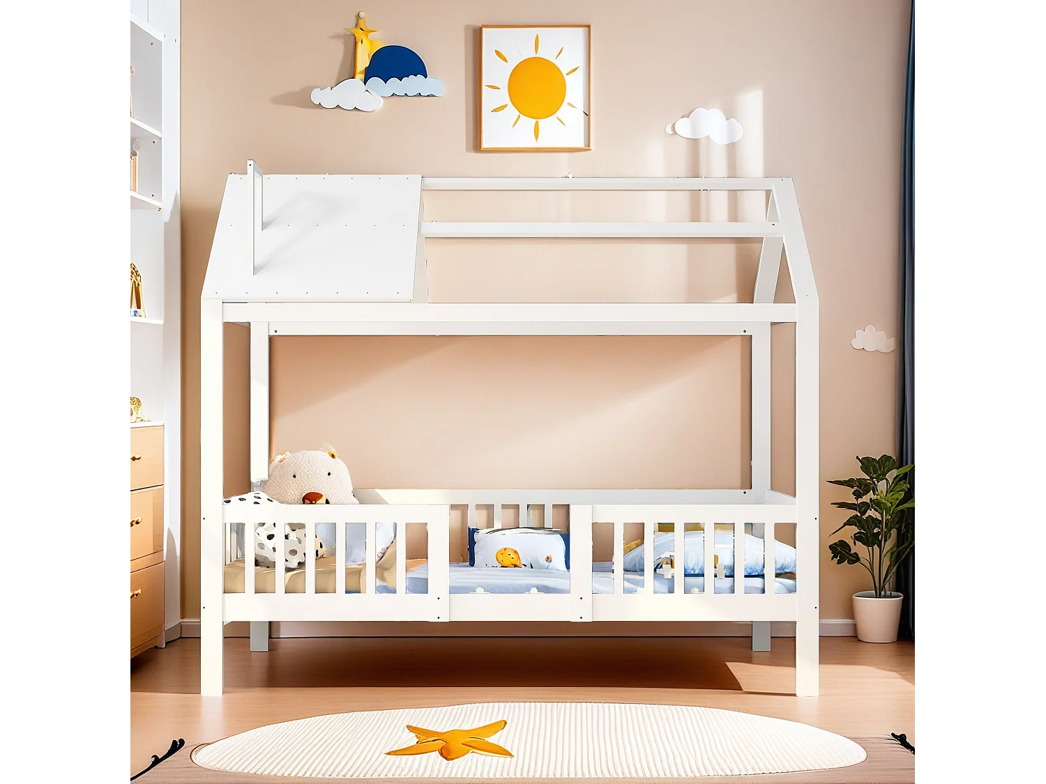 Lit cabane，Lit cabane avec protection contre les chutes, 90x200 cm Lit en bois，Blanc(sans Matelas)