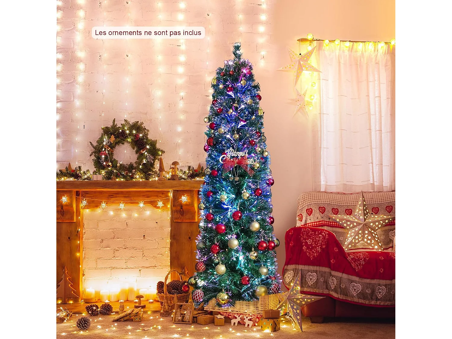 Sapin de Noël, Arbre de Noël Lumineux à Fibre Optique avec Base en Fer, Sapin de Noël Artificiel en PVC, Vert, Décoration de Noël pour Maison, Entreprise, Magasin (180 cm)