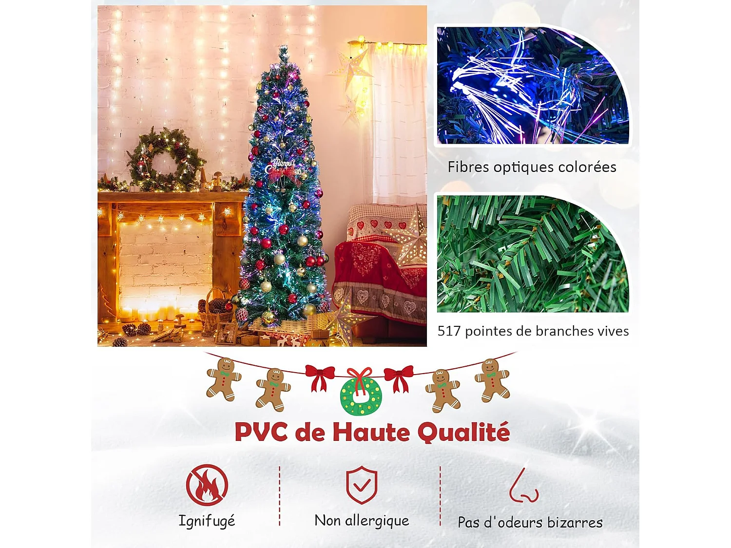 Sapin de Noël, Arbre de Noël Lumineux à Fibre Optique avec Base en Fer, Sapin de Noël Artificiel en PVC, Vert, Décoration de Noël pour Maison, Entreprise, Magasin (180 cm)