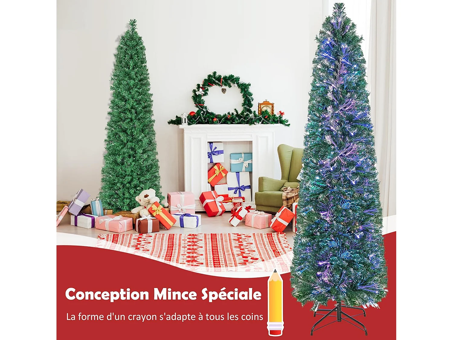 Sapin de Noël, Arbre de Noël Lumineux à Fibre Optique avec Base en Fer, Sapin de Noël Artificiel en PVC, Vert, Décoration de Noël pour Maison, Entreprise, Magasin (180 cm)