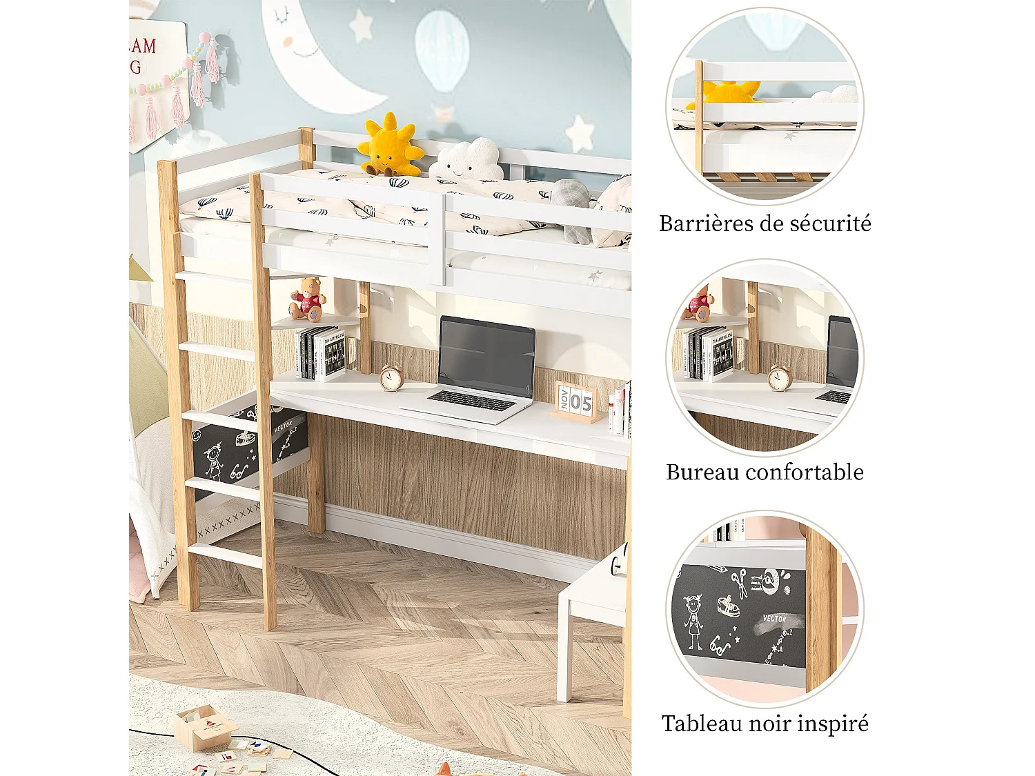 Lit mezzanine - 90 x 200 cm - Avec bureau - avec protection contre les chutes - Blanc(sans Matelas)