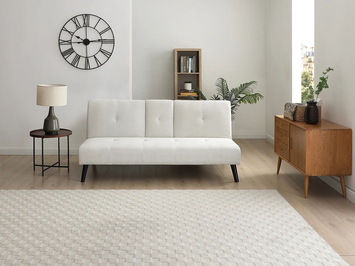 Canapé 3 places clic-clac en tissu beige avec tablette CLOSIPA