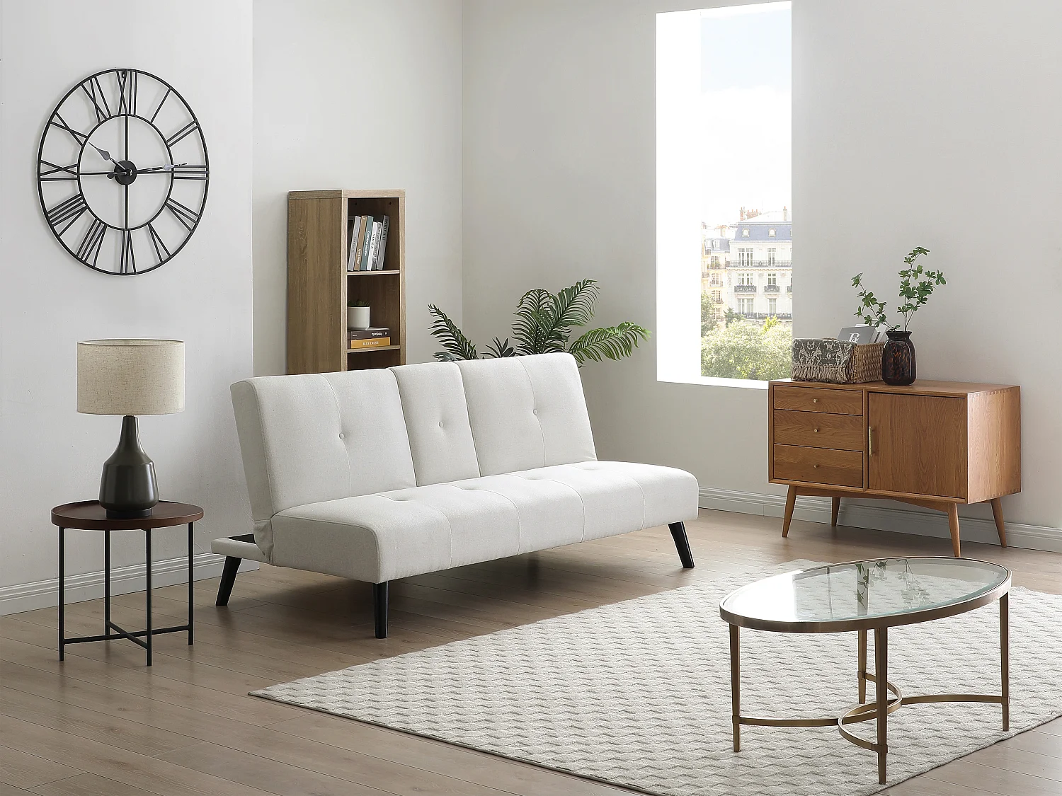 Canapé 3 places clic-clac en tissu beige avec tablette CLOSIPA