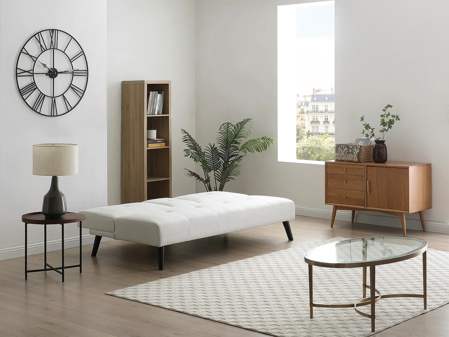 Canapé 3 places clic-clac en tissu beige avec tablette CLOSIPA