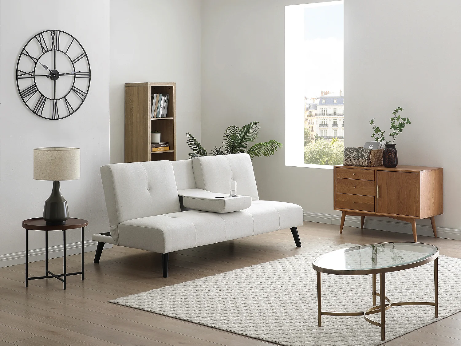 Canapé 3 places clic-clac en tissu beige avec tablette CLOSIPA