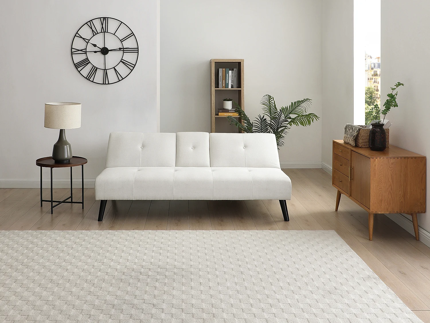 Canapé 3 places clic-clac en tissu beige avec tablette CLOSIPA