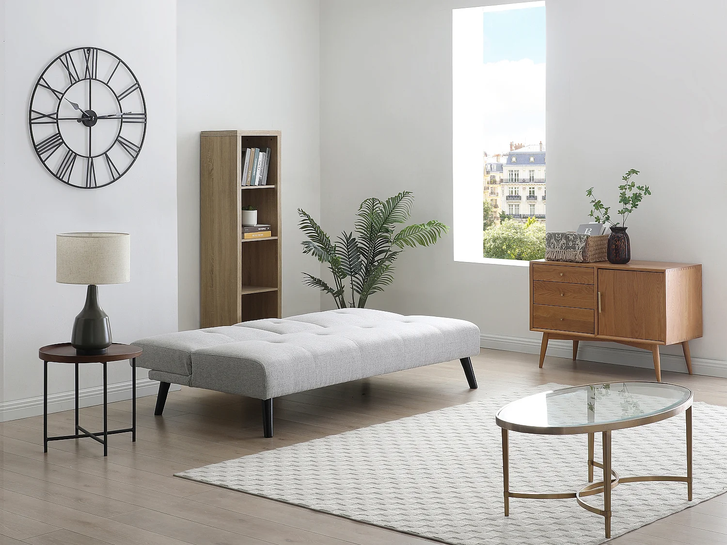 Canapé 3 places clic-clac en tissu gris clair avec tablette CLOSIPA