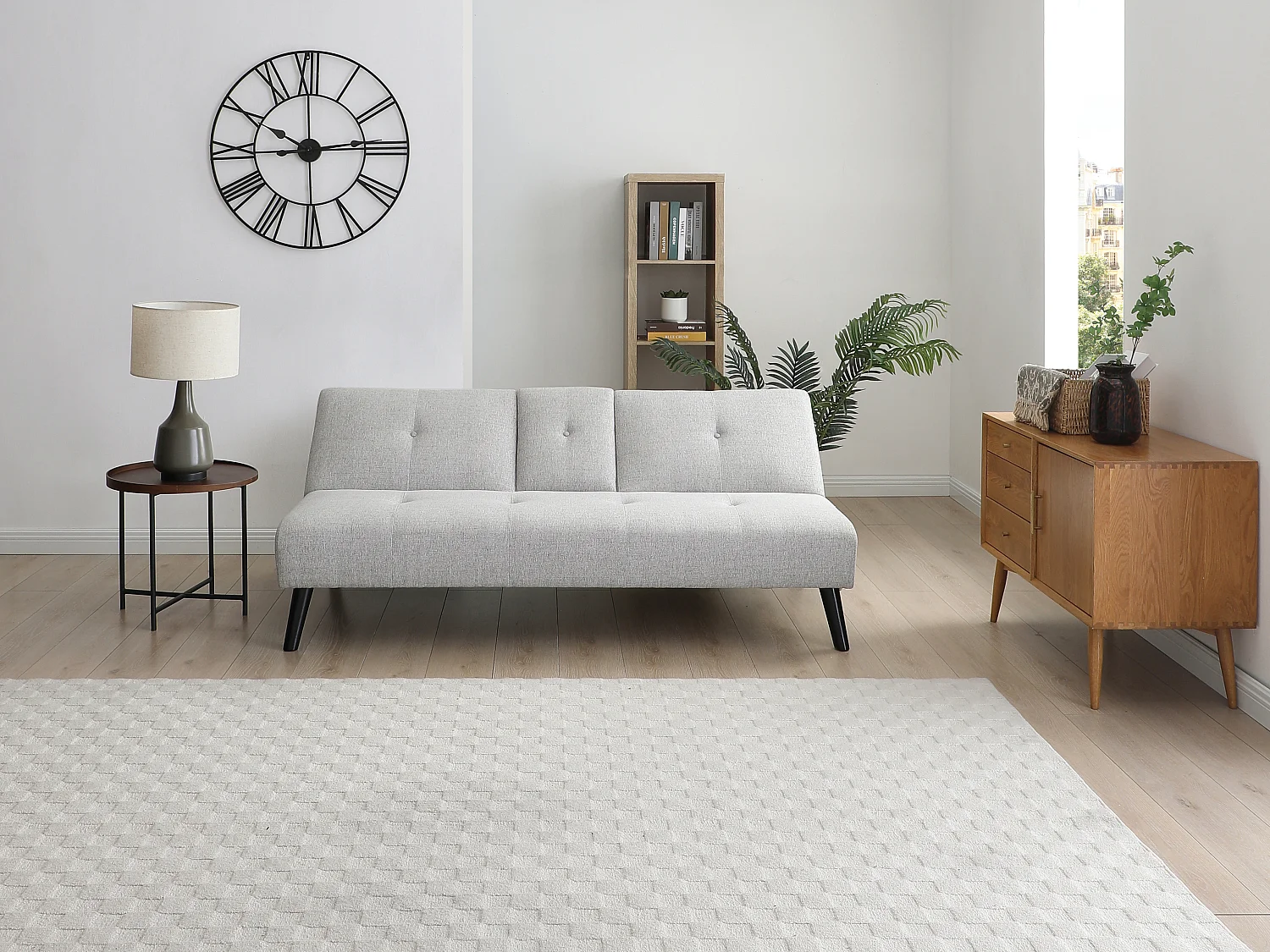 Kanapa rozkładana 3-osobowa z jasnej szarej tkaniny z półką CLOSIPA