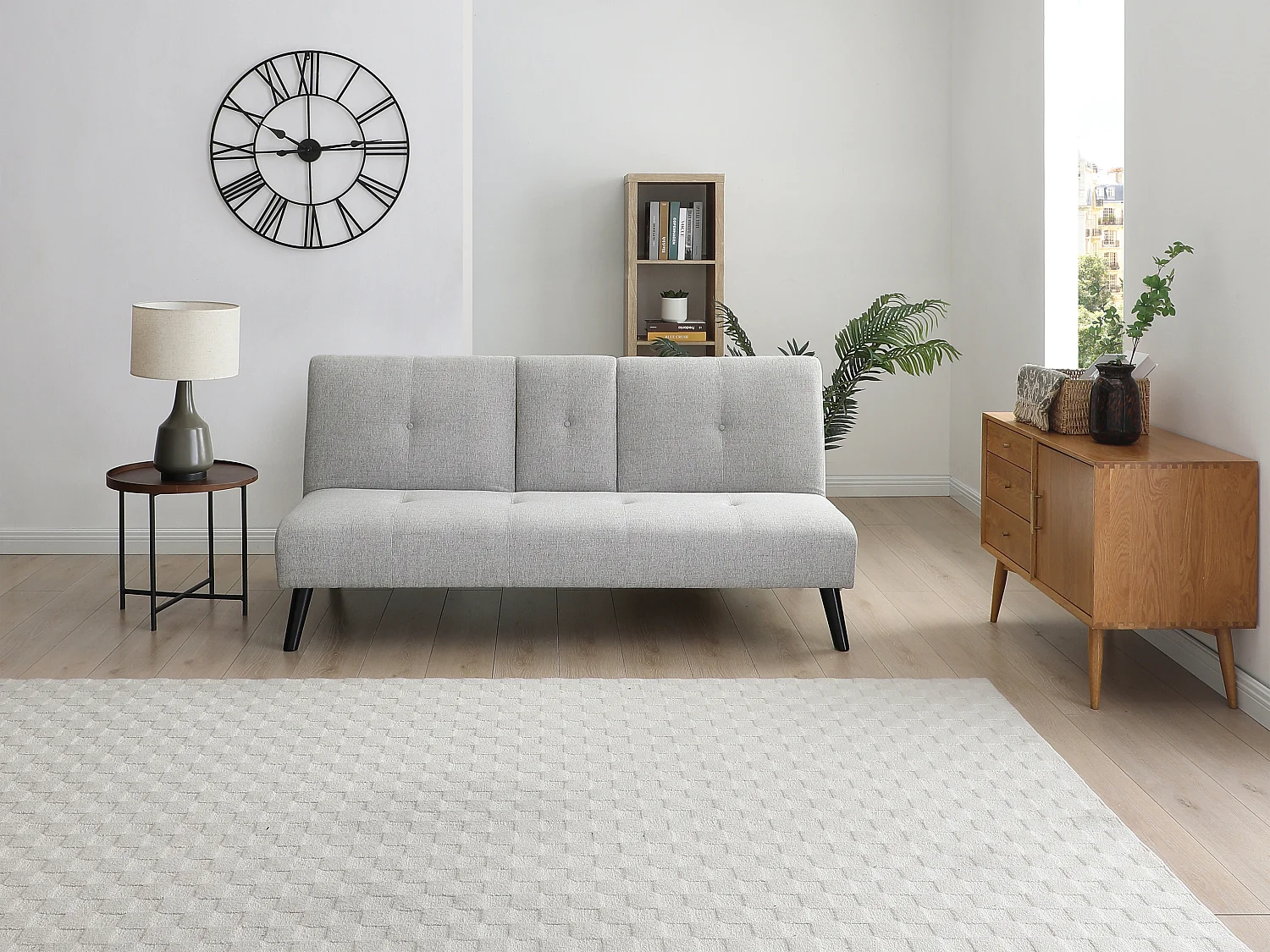 Kanapa rozkładana 3-osobowa z jasnej szarej tkaniny z półką CLOSIPA