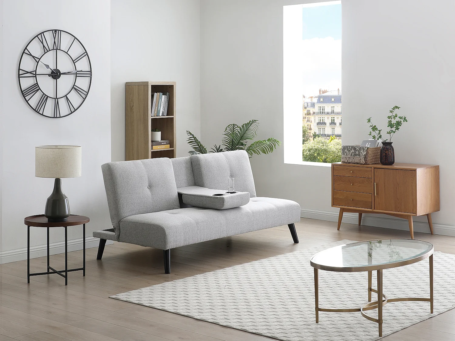 Kanapa rozkładana 3-osobowa z jasnej szarej tkaniny z półką CLOSIPA