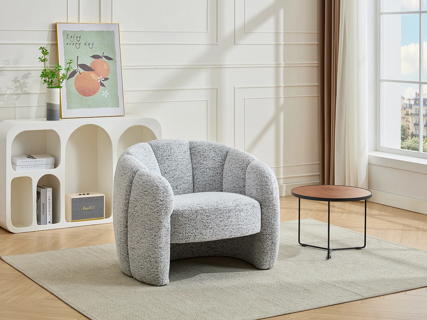 Fauteuil coquillage en tissu chenille gris DELIPO